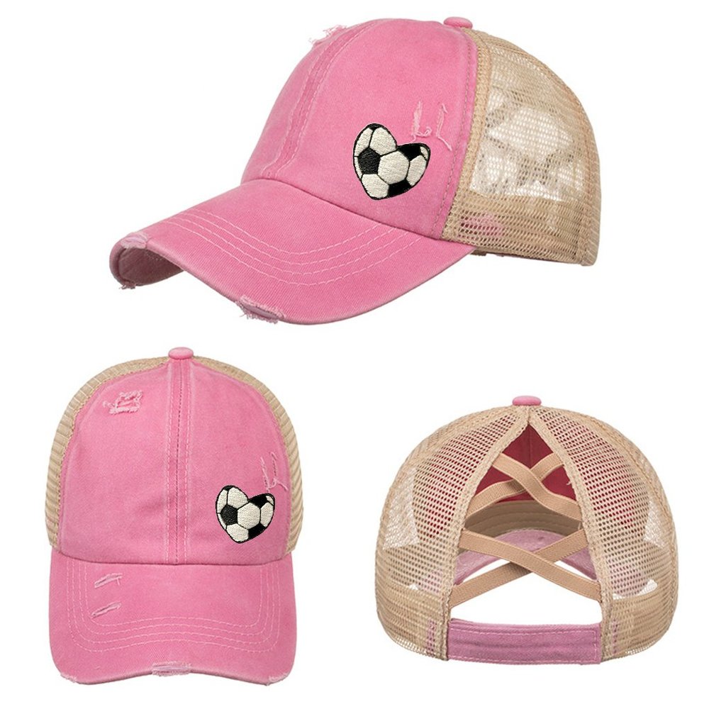 NEW Embroidered Soccer Heart Pink Distressed High Ponytail Retro Trucker Hat Cap